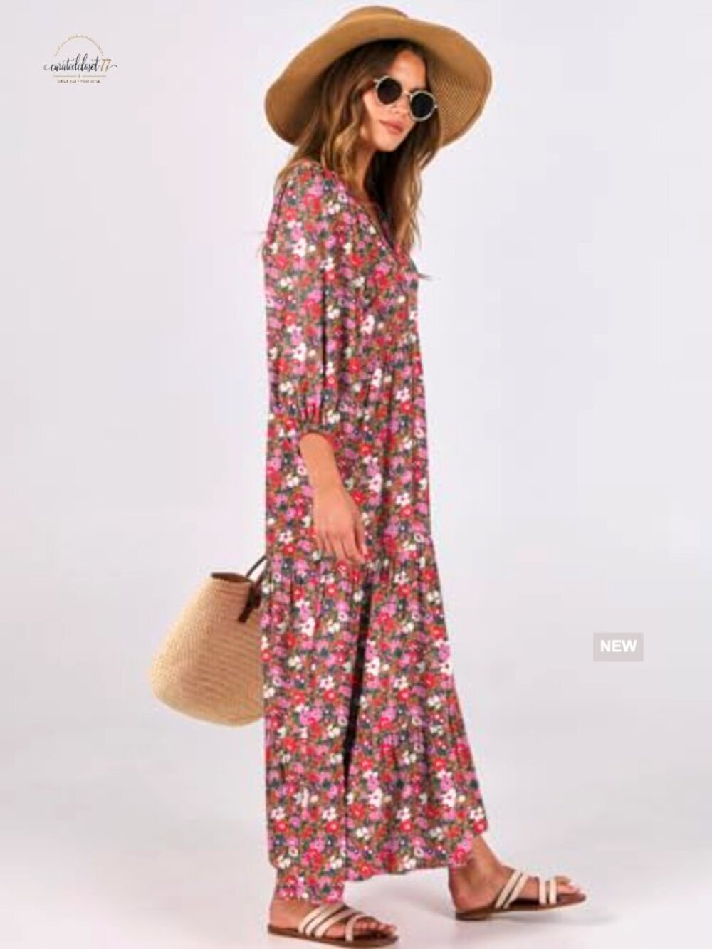 Boho Maxi Dress with V Neck Puff Sleeves Flowy Swing Casual Long Dress - Picture 4 of 7